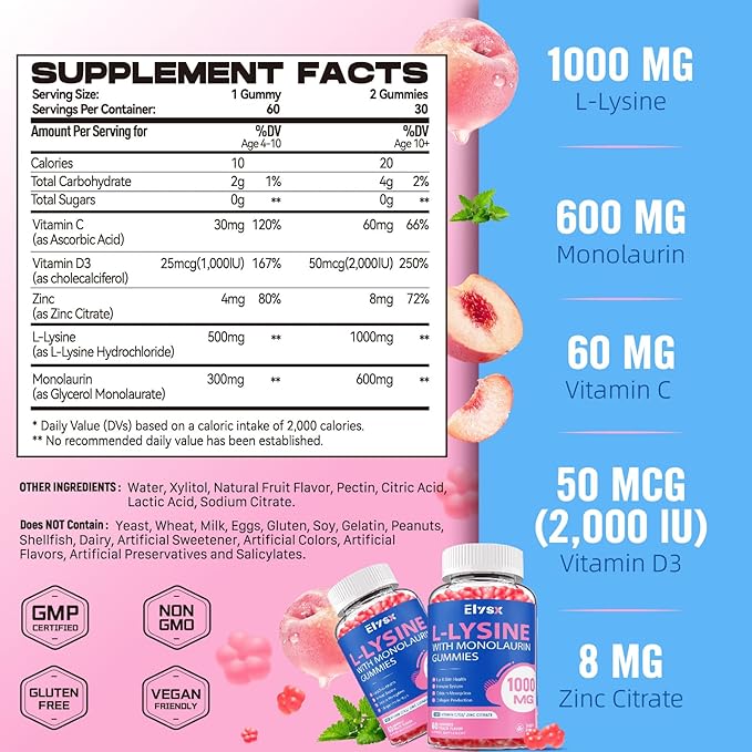 L-Lysine Gummies 1000mg, Sugar-Free Chewable Lysine with Monolaurin Supplement for Adults & Kids, Lips & Oral Health, Immune & Overall Health, Natural Peach Flavor, 60 Count