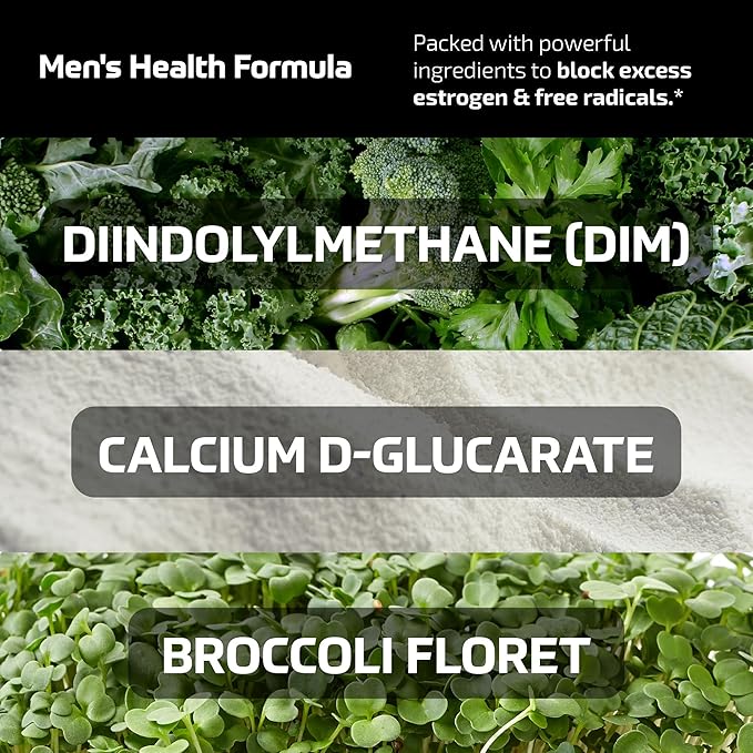 DIM Supplement for Men 300mg | Estrogen Blocker & Aromatase Inhibitor | Extra Strength Men’s Hormone Balance & Fitness Booster with Diindolylmethane Plus CDG & Sulforaphane | Gluten-Free | 60 Ct