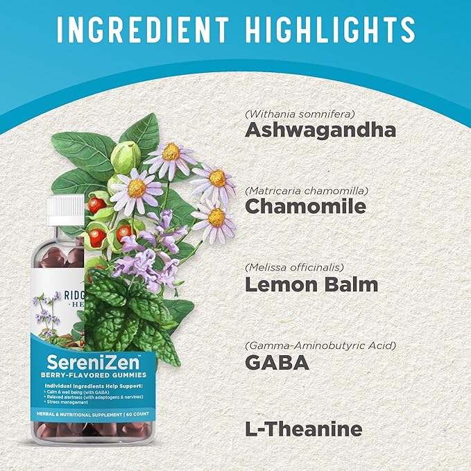 RidgeCrest Herbals SereniZen Gummies with Ashwagandha, GABA, L-Theanine, Chamomile & Lemon Balm, Supports Relaxation & Calm, Stress Management, Sleep. Daily Health Supplement, 60 Ct, 1-2 Month Supply