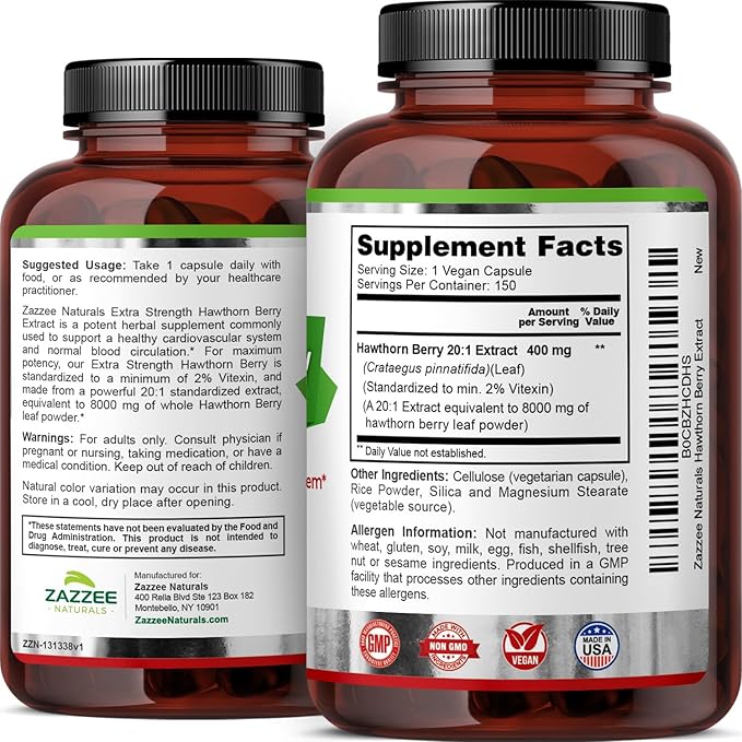 Zazzee Extra Strength Hawthorn Berry 20:1 Extract, 8000 mg Strength, 2% Vitexin, 150 Vegan Capsules, 5 Month Supply, Concentrated and Standardized Potent 20X Extract, Non-GMO and All-Natural