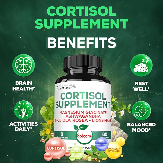 Satoomi 8in1 Cortisol Manager - Supplement with Magnesium Glycinate, Ashwagandha, Rhodiola Rosea, Lions Mane & More - Cortisol Reducer Men & Women - 60 Capsules