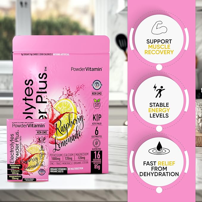 Electrolytes Powder Plus, Keto, Raspberry Lemonade, Sugar Free, Pink Himalayan Salt, 1000mg Potassium, 120mg Calcium, 120mg Magnesium, Non-GMO, Zero Calories, (16 Hydration Packets)