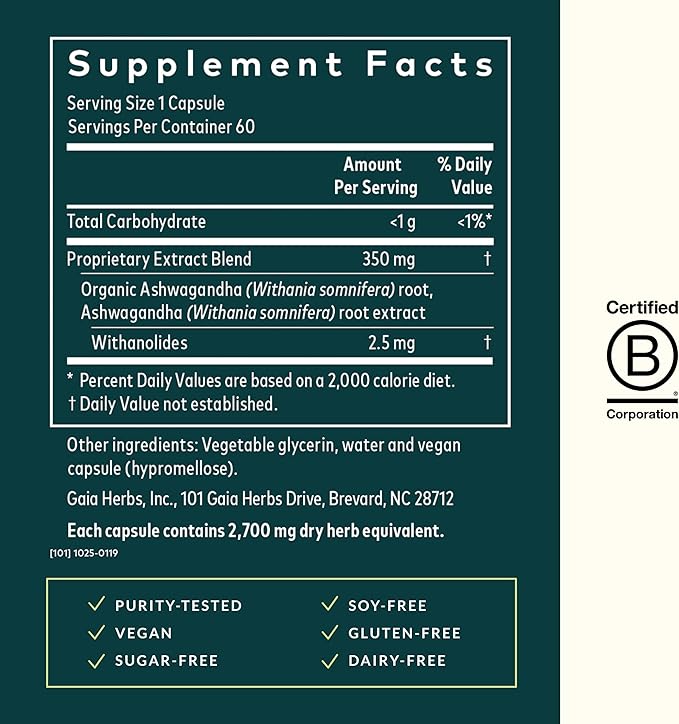 Gaia Herbs Ashwagandha Root - Made with Organic Ashwagandha Root to Help Support a Healthy Response to Stress, the Immune System, and Restful Sleep - 60 Vegan Liquid Phyto-Capsules (30-Day Supply)