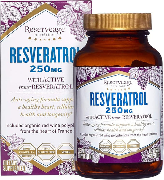 Reserveage Beauty Resveratrol 250 mg - Best Trans-Resveratrol - Vegan Antioxidant Supplement for Cellular & Heart Health - Aids Healthy Aging & Immune Health - 60 Vegetable Capsules (60 Servings)
