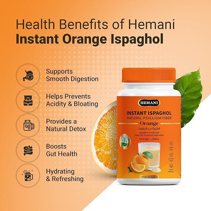 Hemani Instant Psyllium Husk Ispaghol 100g | Orange Flavored On-The-Go Fiber Supplement | Supports Digestive Health | Add to Water for a Refreshing Drink