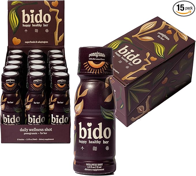 Bido | Women's Wellness Drink | Herbal Formula for Women: Ashwagandha KSM-66, Maca, Ginseng, Damiana & More | 15:1 Female Supplement for Mood, Vitality & Hormone Balance Support | Pomegranate, 15-pack