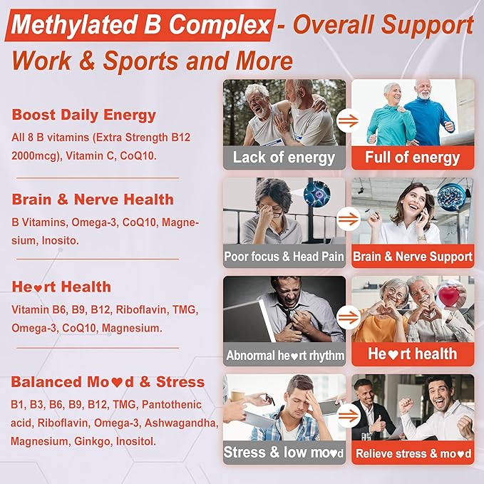 Women's & Men's Super Vitamin B Complex Gummies, Methylated w/ Omega 3, Magnesium, CoQ10, Ashwagandha,Vitamin C, TMG- All B Vitamins- Methyl B12 2000 mcg, Methylfolate(B9),B1,B2,B3,B5,B6,B7- 1Pack
