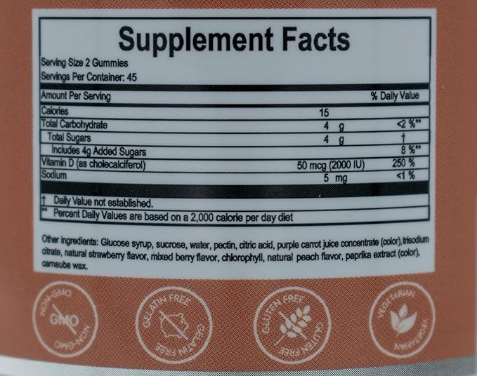 Vitamin D Gummies for Adults (Vitamin D3 2000 IU). Gelatin-Free, Gluten-Free & Non-GMO Vitamin D Gummy. Supports Bones, Muscles, and Immune System. 45 Day Supply. D3 Gummies for Adults