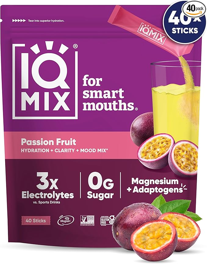 IQMIX Hydration Electrolyte Powder – 4-in-1 Formula for Hydration, Mental Clarity, Mood and Recovery – Sugar-Free Drink Mix, Keto, Magnesium L-Threonate, Lion’s Mane – 40 Count Passion Fruit