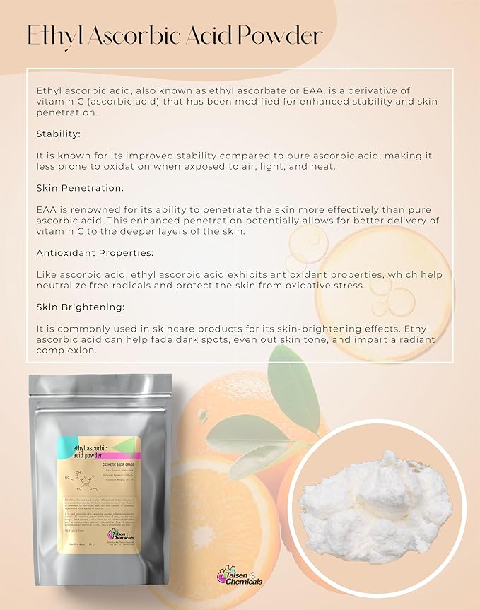 Ethyl Ascorbic Acid Powder (4 Ounce / 113 grams) Stable Vitamin C Derivative Help to Absorb Vitamin C to Skin Improve Skin Gloss, Skin Elasticity, Anti-Oxidation/Other Functions