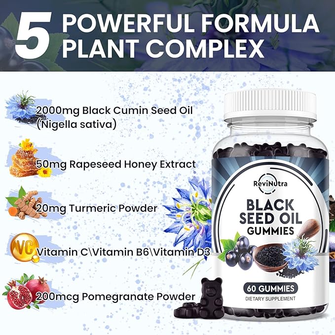 Black Seed Oil Gummies-Organic Cold Pressed Nigella Sativa Black Seed Oil with Honey, Vitamin B6, C, D3, Turmeric, Pomegranate, Support Immunity, Digestion, Brain Function, Hair & Skin-60 Gummies