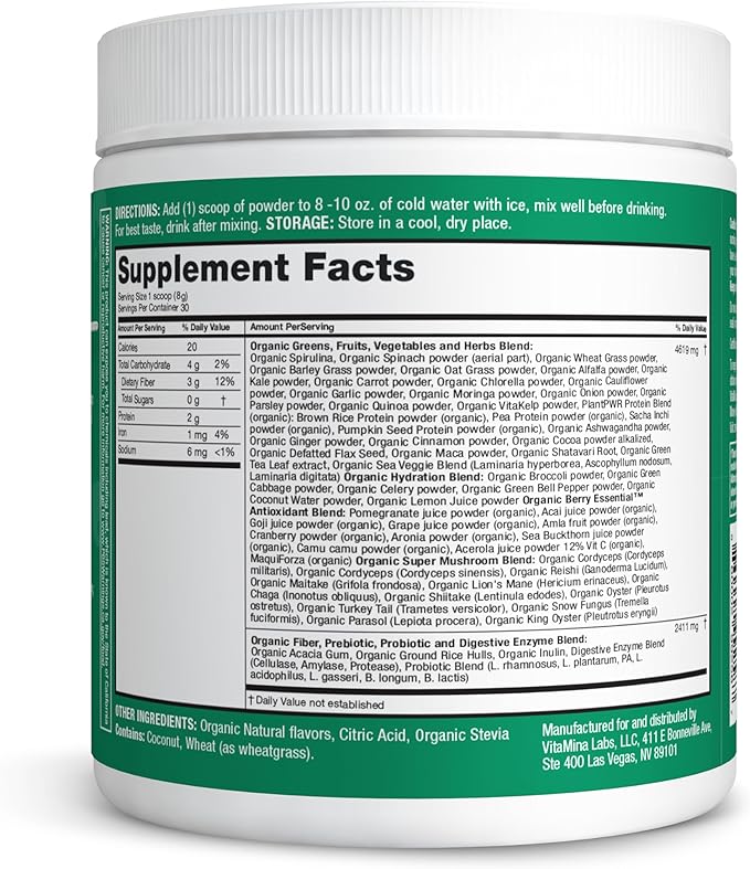 Organic Super Greens Powder, 70+ Superfoods, 0 Sugar, 3G Fiber, Spirulina, Chlorella, Antioxidants, Prebiotics/Probiotics, Digestive Enzymes, Mixed Berry, 30 Servings