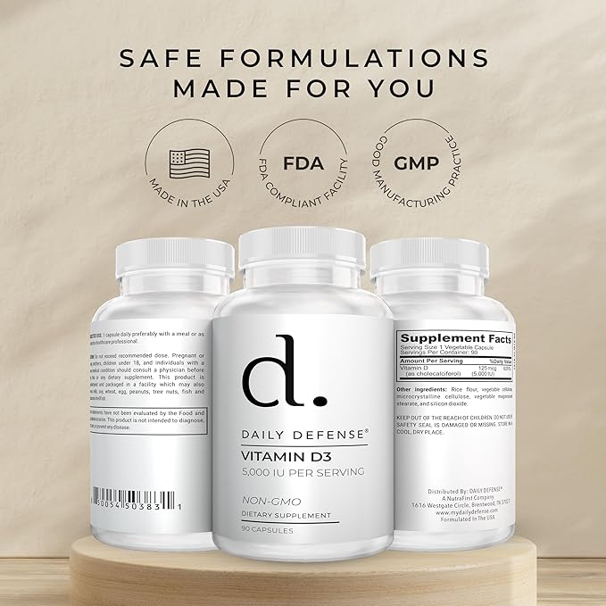 Immune Defense Supplements Vitamin D3 5000 IU for Heart Health, Daily Immune Support, Mental Clarity, & Muscle Function - 90 Vitamin D Supplements