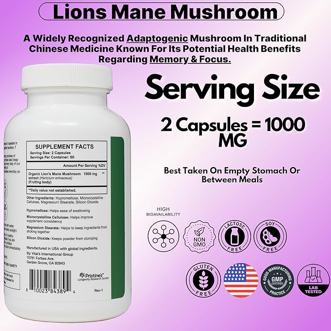 PRISTINE'S Lion's Mane Mushroom Supplement Capsules - Focus & Cognitive Function Adaptogen - 1000mg 60 Day Supply - Immunity, Memory and Focus for Adults - Vegan - Non-GMO