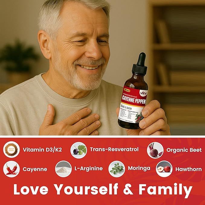 VEV 15-in-1 Cayenne Pepper Drops Supplement Liquid, with Vitamin D3 K2, L-Arginine, Resveratrol, Oregano, Moringa, Berberine, Hawthorn, Beet, Turmeric - Vegan, Non-GMO 2 fl oz