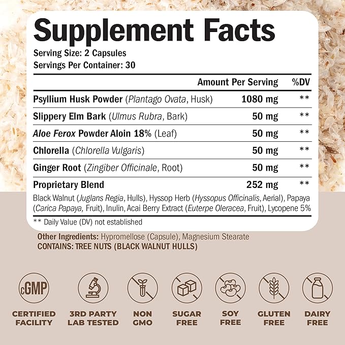 Psyllium Husk Powder Capsules. Fiber Supplement for Digestive, Colon & Gut Health - Dietary Fiber Pills with Ginger Root to Help Keep You Regular. Antioxidant Support. Vegan, Non-GMO. 60 Capsules