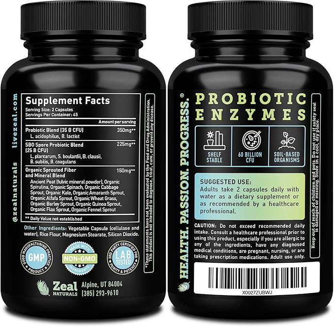 Probiotics and Prebiotics + SBO Probiotics (60 Billion CFU | 90 Capsules) Acidophilus Probiotic w. Saccharomyces Boulardii, Bifidobacterium + Spore Probiotic & Organic Sprouted Prebiotic Fiber Blend