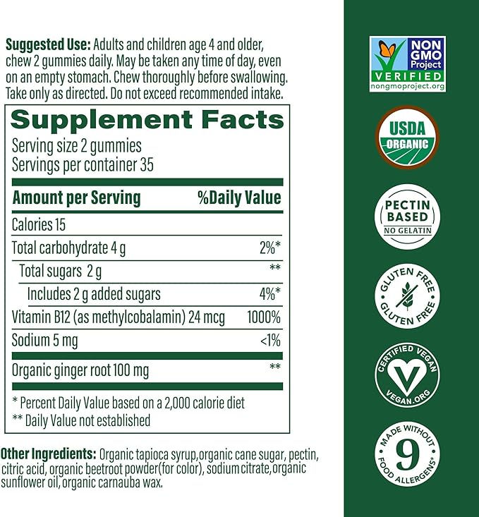 MegaFood Vitamin B12 Energy Gummies - Vegan - With Methyl B12 Vitamins to Support Cellular Energy Production - Ginger - Daily Vitamin B12 Supplement - USDA Organic - 70 Gummies, 35 Servings