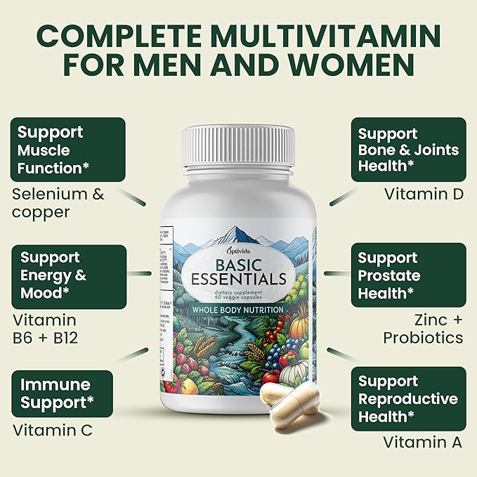 OPTIVIDA Organic Whole Food Multivitamin for Men & Women (1 Month Supply) with Probiotics & Antioxidant Blends | Daily Plant Based Multivitamins | Non-GMO, Whole Food Womens Multivitamin
