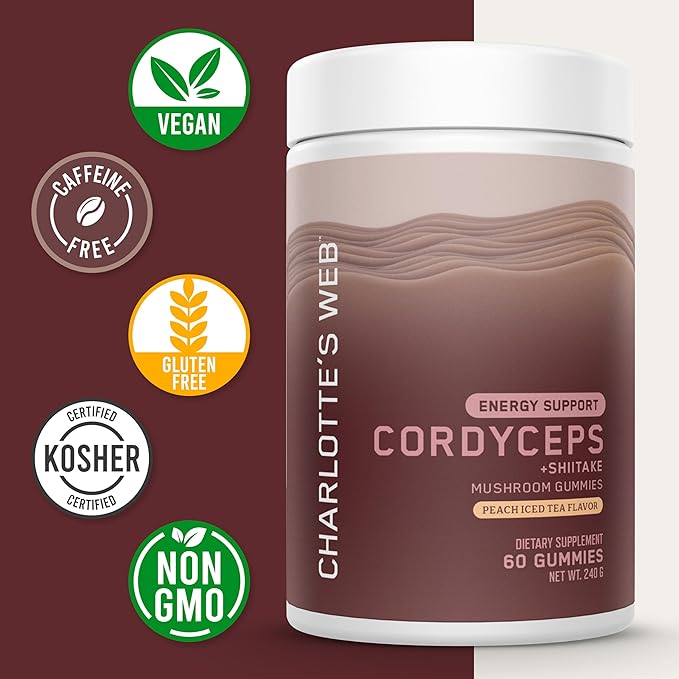 Charlotte's Web Energy Support Mushroom Gummies w/Cordyceps & Shiitake Mushrooms, Caffeine-Free Energy Supplements — Cordyceps Mushroom Gummies, Peach Iced Tea Flavor (30 Servings)