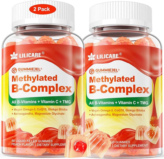 Women's & Men's Super Vitamin B Complex Filled Gummies, Methylated w/Omega 3, Magnesium,CoQ10, Ashwagandha,Vitamin C, TMG, Sugar Free - 60 Count (Pack of 2)
