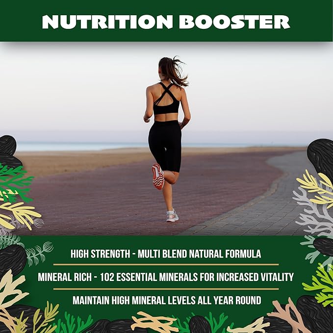 Sea Moss with Black Seed Oil, Ashwagandha, Turmeric, Bladderwrack, Burdock Root, Manuka Honey, Vitamin C & D3, Apple Cider Vinegar, Dandelion Root, Yellow Dock Root, Elderberry Fruit, Chlorophyll