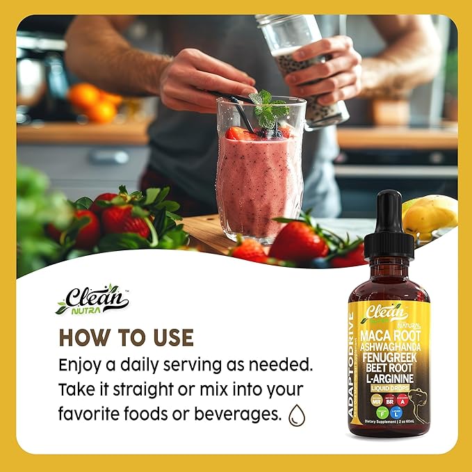 Clean Nutra Organic Maca Root Liquid Drops with Ashwagandha, Fenugreek, Beet Root and L-Arginine Liquid Multivitamin for Women and Men - Adapto Drive