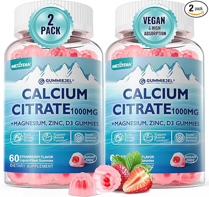 Sugar Free Calcium Citrate Gummies 1000mg with Vitamin D3, Ultimate Absorption Calcium Supplement for Women Men, Plus Magnesium, Potassium, Zinc, B6 for Bones, Muscle & Immune Health, 2Pack
