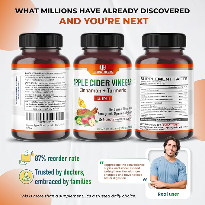 Organic Apple Cider Vinegar Capsules Enhanced with Cinnamon, Turmeric - Ultra Supplement for Digestive, Circulatory, Immunity Support | 150 Capsules