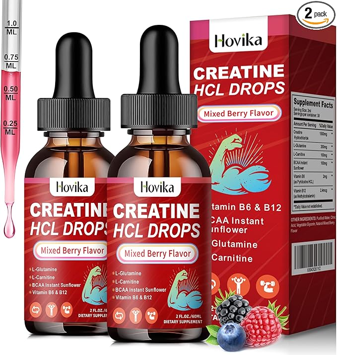 Creatine HCL Liquid Drops for Men & Women, Creatine Hydrochloride with L-Carnitine, L-Glutamine, BCAA, Vitamin B12 & B6 for Muscle Growth & Recovery-Vegan, Mixed Berry Flavor Flavor, 4 Fl Oz
