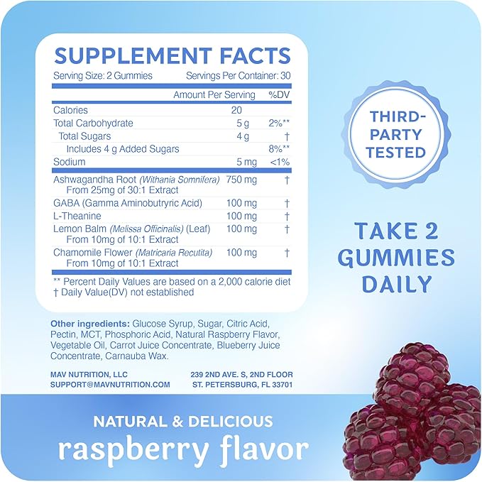 Calming Ashwagandha Gummies for Teens | Stress Relief Supplement with Theanine, GABA, Chamomile & Lemon Balm Calm Sleep Gummies | Natural Raspberry Flavor, Non-GMO, Third-Party Tested | 60 Ct