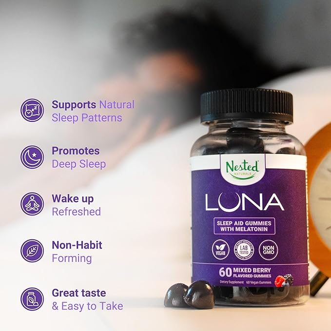 Nested Naturals Luna Sleep Gummies - Non-Habit Forming Melatonin Gummies 3mg with L-Theanine, Valerian Root, GABA, and Lemon Balm - Sleep Gummies for Adults - Mixed Berry, 60 Vegan Gummies
