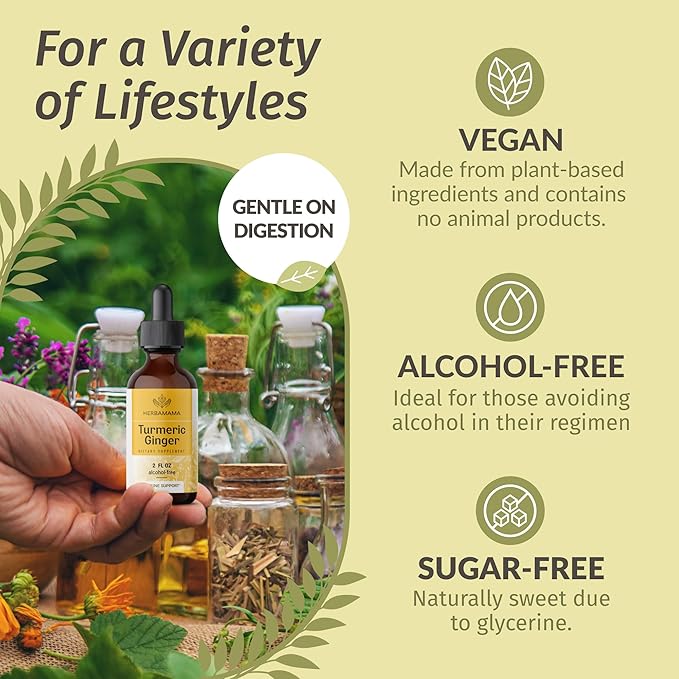 HERBAMAMA Turmeric Ginger and Goldenseal Kit - Bundle of Turmeric Ginger Tincture 2 fl oz and 700 mg Goldenseal Root Capsules - Vegan, Non GMO, Sugar & Alcohol-Free - 2 Pack