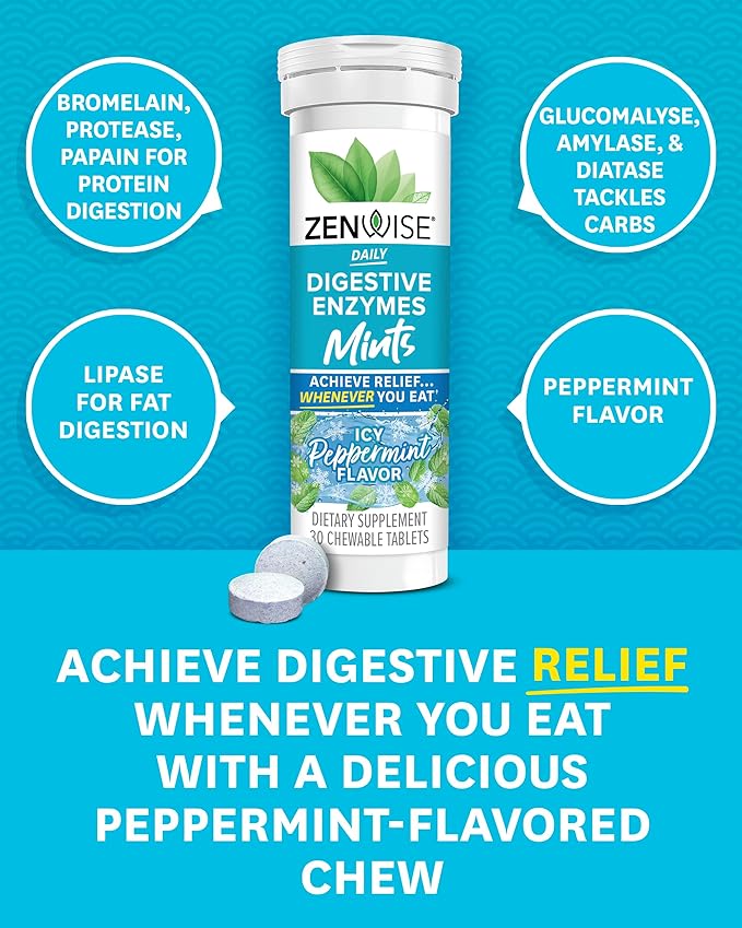 Zenwise Health Papaya Enzymes Chewable, Digestive Enzymes for Women and Men, Bromelain for Digestive Health & Bloating Relief, Enzymes for Digestion and Gut Health, Peppermint Flavor - 30 CT