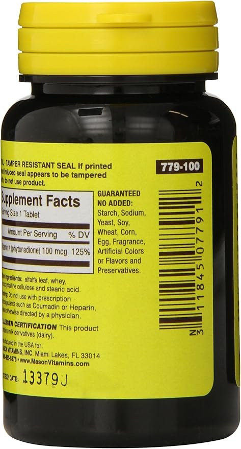 Mason Natural Vitamin K, 100mcg, Tablets, 100 ea