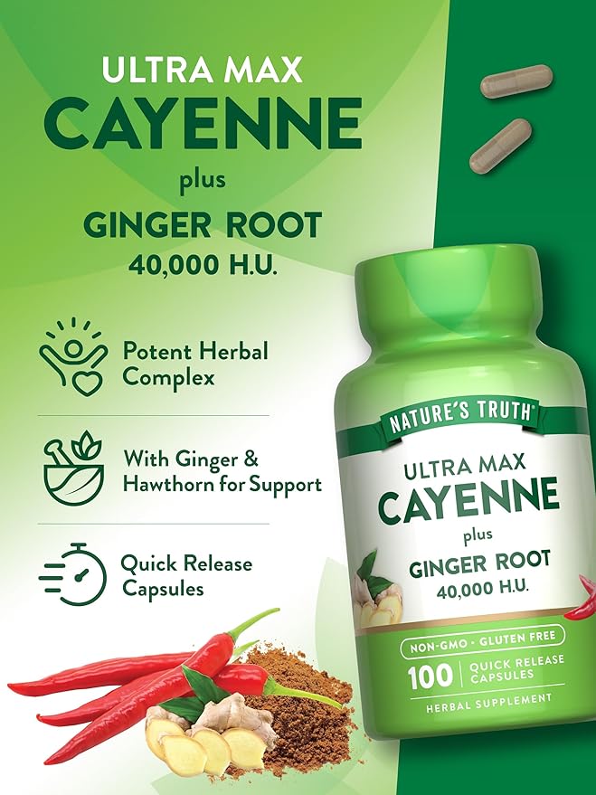 Nature's Truth Cayenne Pepper Capsules | 40,000 HU | 100 Count | with Ginger Root | Non-GMO & Gluten Free Supplement