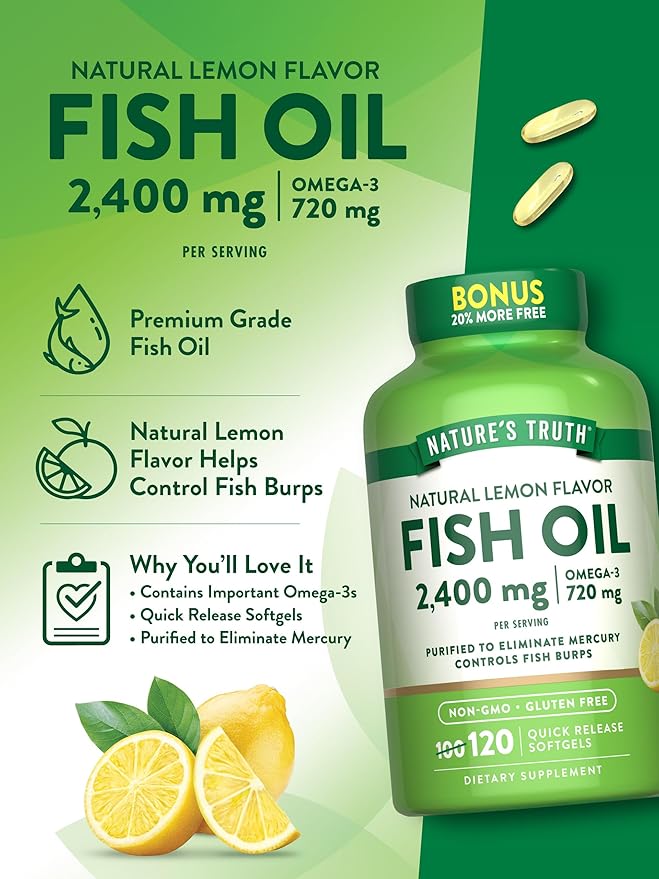 Nature's Truth Fish Oil 2400mg | 120 Quick Release Softgels | 720 mg Omega 3 | Burpless Lemon Flavor Pills | Non-GMO & Gluten Free Supplement