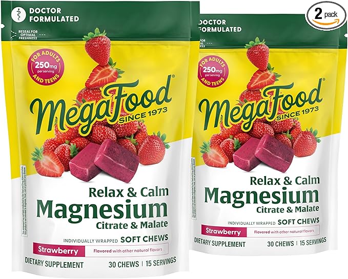 MegaFood Relax + Calm Magnesium Supplement - Soft Chews with Magnesium Citrate & Malate for Heart Health, Muscle Tension & More - Vegetarian - Strawberry-Flavor - 30 Chews per Pack (2 Pack)