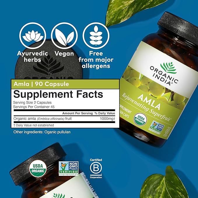 ORGANIC INDIA Amla Capsules Organic - Indian Gooseberry Herbal Vitamin Supplement, Amla Supplement, Immune Support, Vegan, Gluten-Free, Ayurvedic, Antioxidant, Non-GMO - 90 Capsules