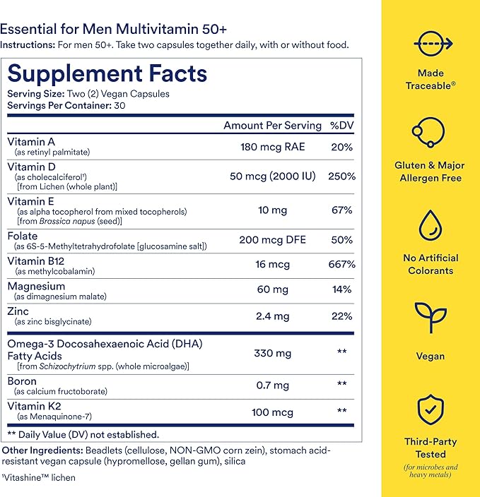 Ritual Multivitamin for Men 50+, Vegan, with Zinc, Vitamin A and D3 for Immune Function Support*, Omega-3 DHA, B12, K2, Gluten Free, Non-GMO, Mint Essenced, 30 Day Supply