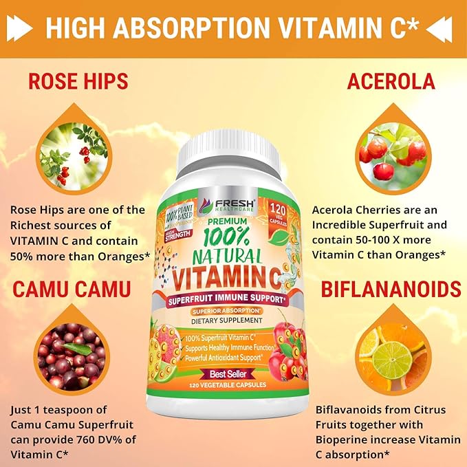 Fresh Healthcare 100% Natural Vitamin C - 500mg from Rose HIPS, Acerola Cherry & Camu Camu - High Absorption Immune Support, Skin, Joint & Collagen Booster with Citrus Biflavonoids - 120 Capsules