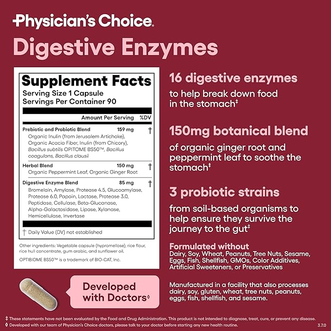 Physician's CHOICE Digestive Enzymes - Multi Enzymes, Organic Prebiotics & Probiotics for Digestive Health & Gut Health - Meal Time Discomfort Relief & Bloating - Dual Action Approach - 90 CT