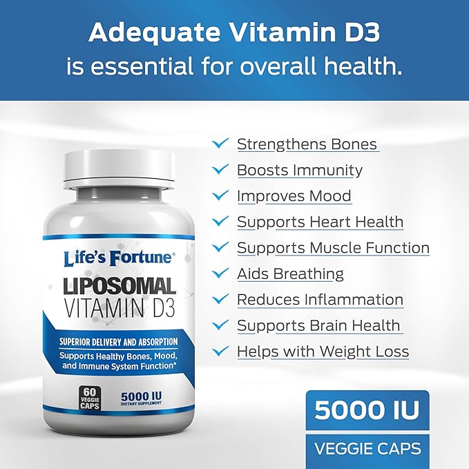Life's Fortune Liposomal Vitamin D3 5000 IU Supplement Non-GMO, High Absorption, Supports Healthy Bones Mood and Immune System Function, 60 Veggie Caps