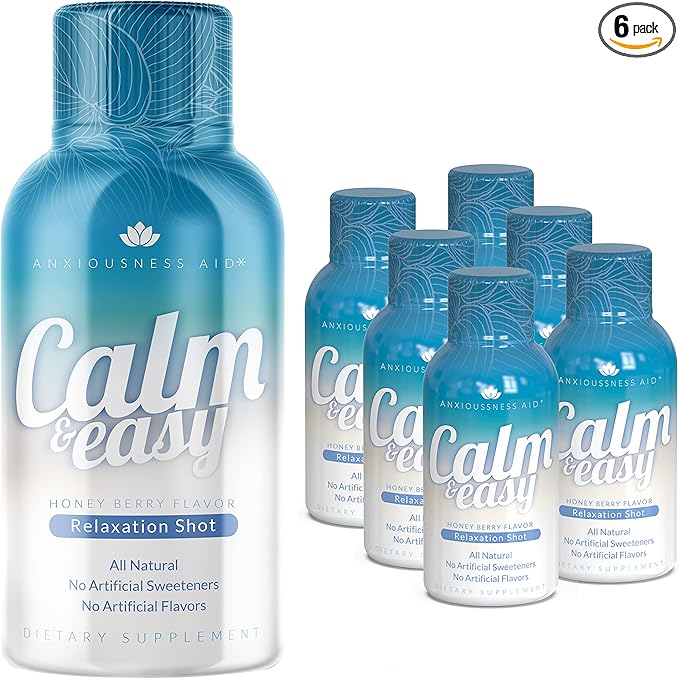 Calm & Easy - Natural Stress Relief Shot, KSM-66 Ashwagandha, Suntheanine L Theanine, Calming Adaptogen Drink, Relaxation, Focus, and Mood | 2 oz Liquid Bottle (6 Pack)
