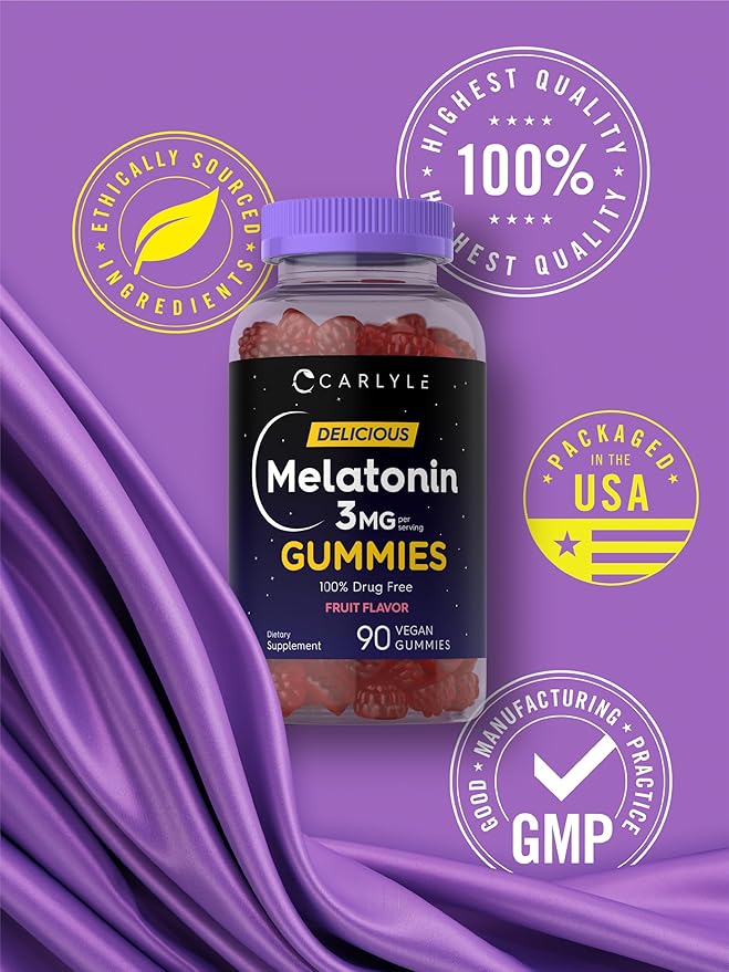 Carlyle Melatonin Gummies 3mg | 90 Count | Fruit Flavor Gummy Supplement | 100% Drug Free Support | Vegan, Non-GMO, Gluten Free
