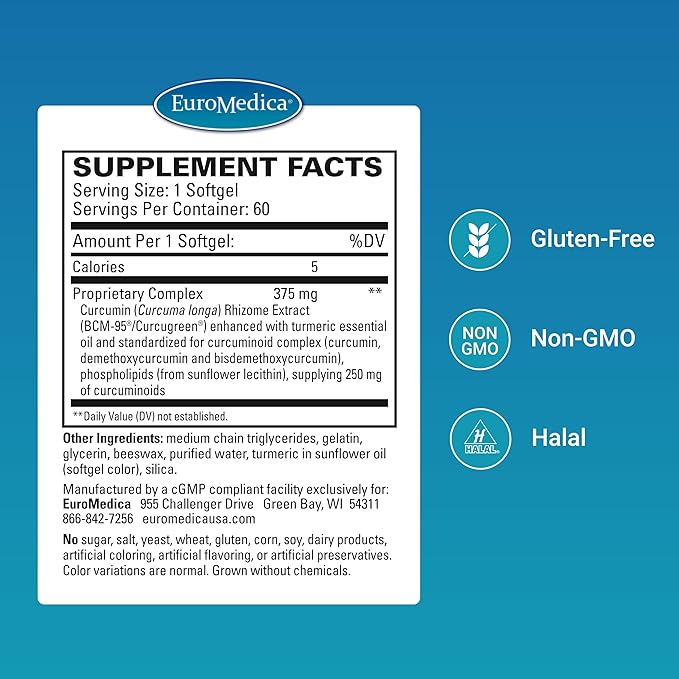 Euromedica CuraPro - Antioxidant Supplement for Brain & Immune Health Support - Dietary Supplement with Curcumin & Turmeric Essential Oil - Herbal Liver Support - 60 Softgels
