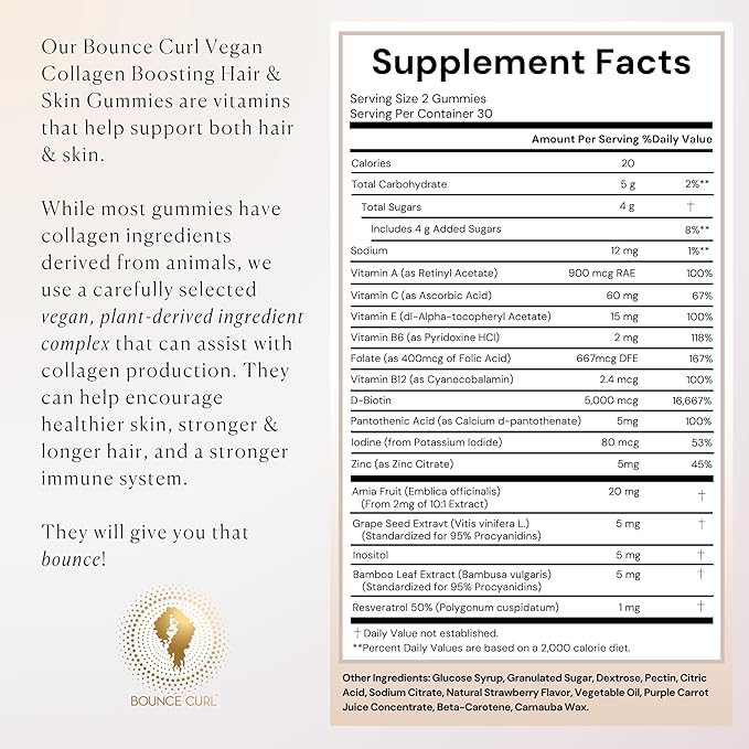 Bounce Curl Vegan Collagen Boosting Hair, Skin & Nails Gummies, 60 Strawberry Gummies
