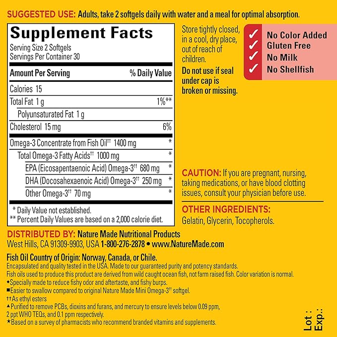 Nature Made Extra Strength Burp Less Fish Oil Omega 3 Supplements 1400 mg Minis, Omega 3 Fish Oil as Ethyl Esters for Healthy Heart Brain Eyes Support, 60 Softgels, 30 Day Supply