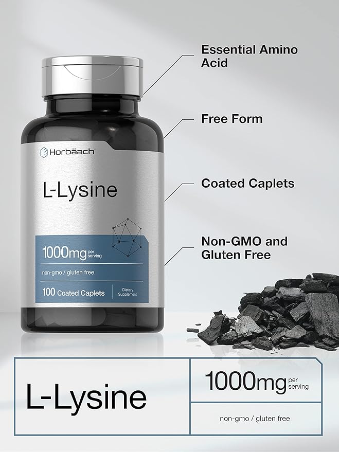 Horbäach L-Lysine 1000mg | 100 Coated Caplets | Free Form Dietary Supplement | Essential Amino Acid | Vegetarian, Non-GMO, and Gluten Free Formula