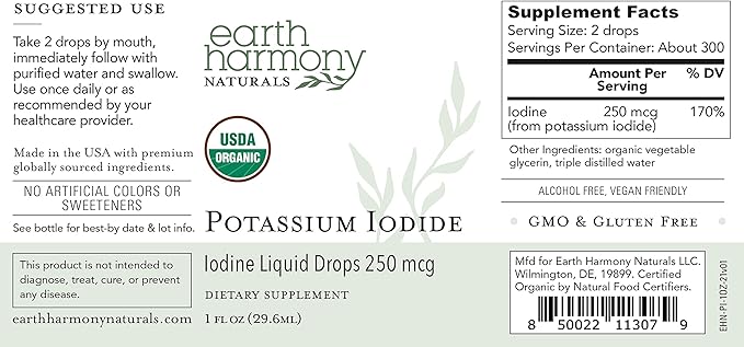 USDA Organic Potassium Iodide 250 mcg Liquid Supplement 2-Pack (1-Year Supply) - Supports The Thyroid Gland and Helps Exposure & Low Levels of Iodine - More Bioavailable Than Tablets, Pills - 1 Fl Oz